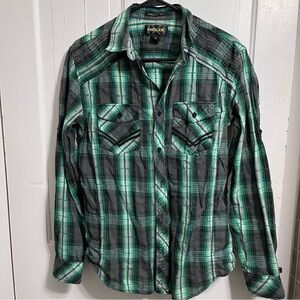 Helix Athletic Fit Green and Gray Plaid Shirt